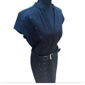 Cache Black Studded Belted Midi Dress Form Fitting Flattering EUC Size 12